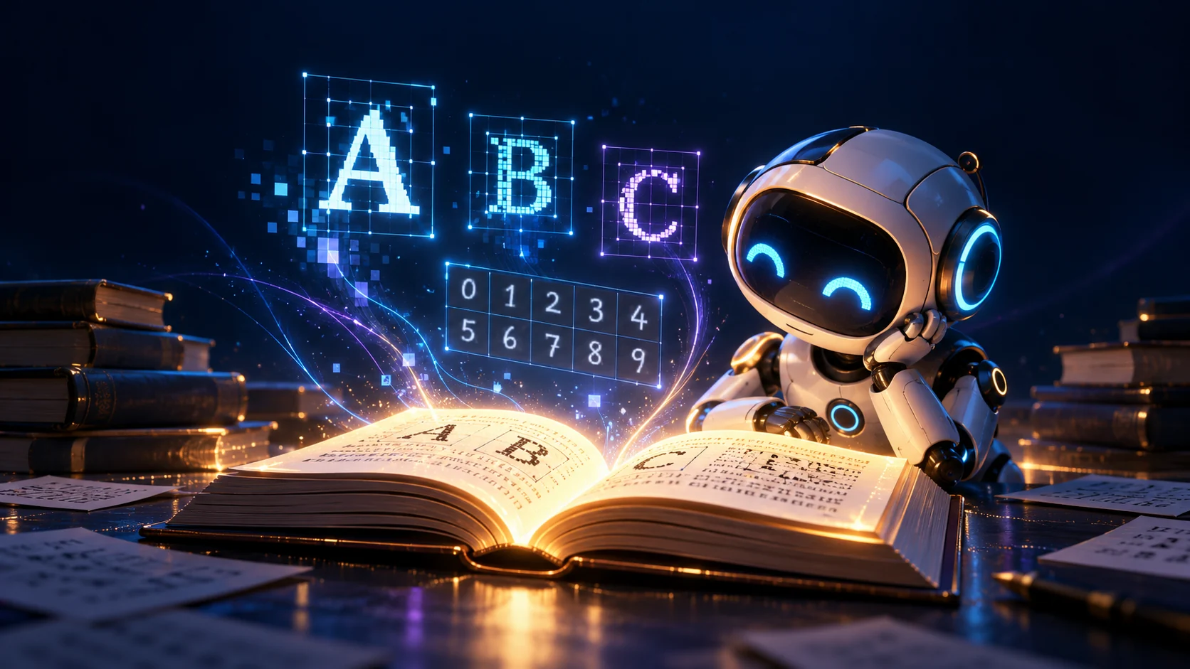 Illustration of a robot learning to read from a book and floating characters